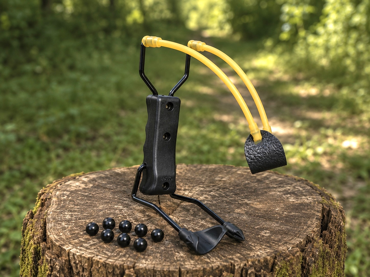 Lance-pierre compact posé sur une souche en forêt avec 8 billes ABS noires.