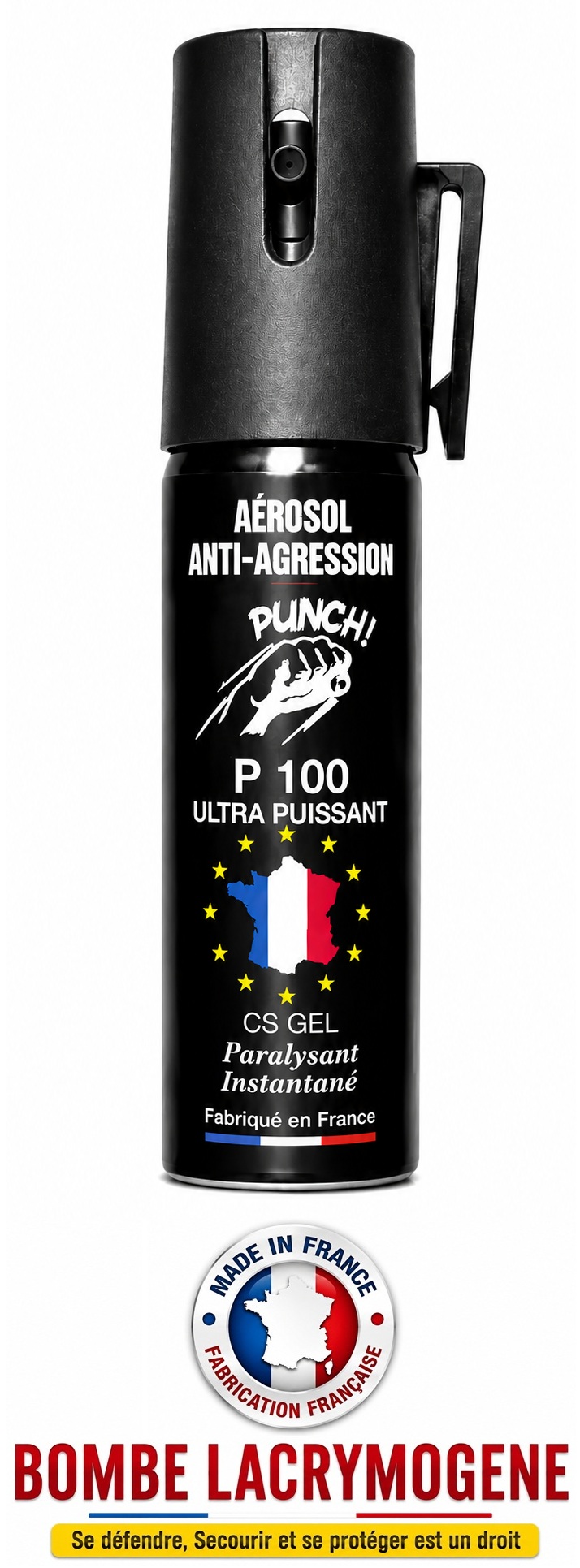 Bombe lacrymogène gel CS P100 ultra puissant fabriquée en France avec clip ceinture
