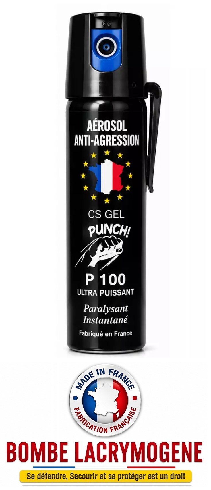 Bombe lacrymogène gel CS P100 ultra puissant avec système de sécurité fabriquée en France