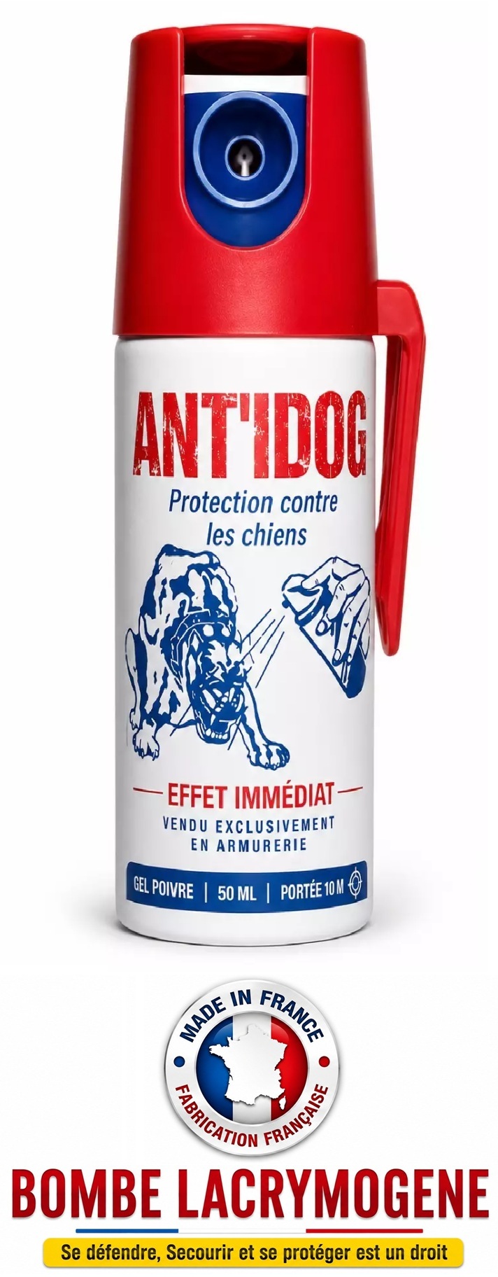 Lacrymogène anti-chien lacrymo spray gel poivre 50 ml fabriqué en France avec portée de 10 mètres