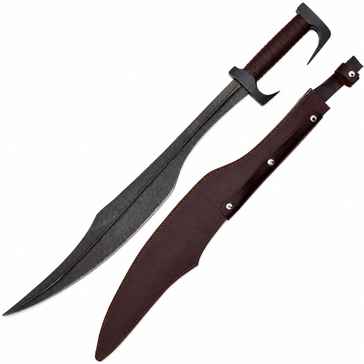 Vue complète du glaive spartiate avec son étui en cuir marron