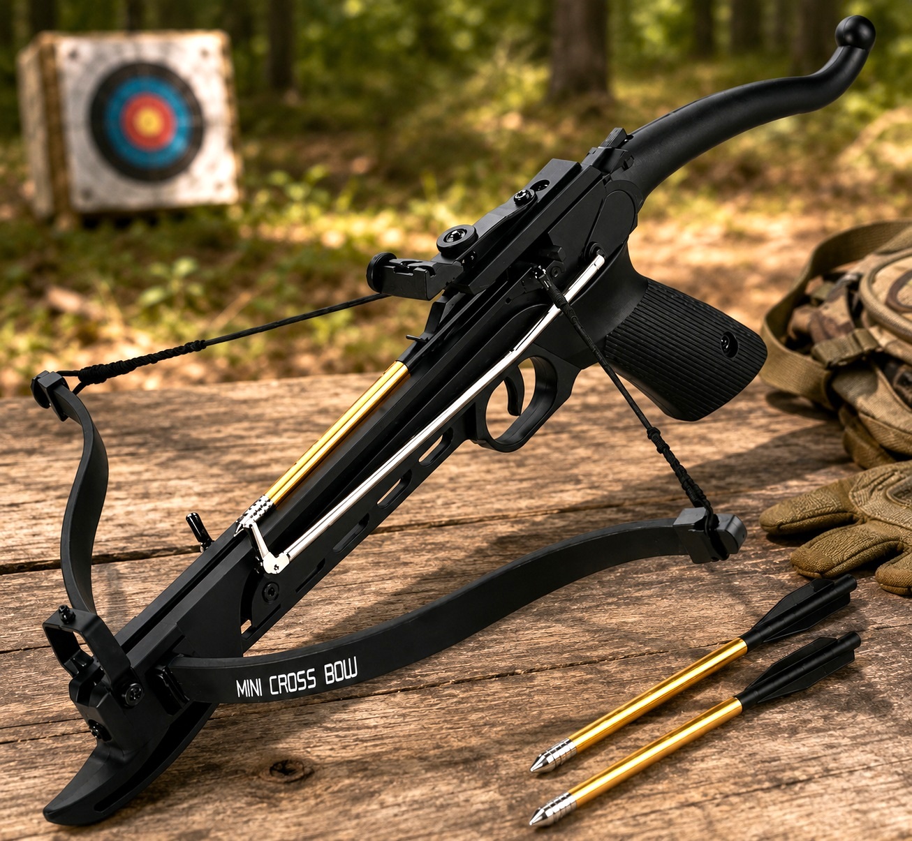 Arbalète pistolet 80 lbs noire avec flèches en aluminium sur table en bois en extérieur – mini arbalète de tir de précision
