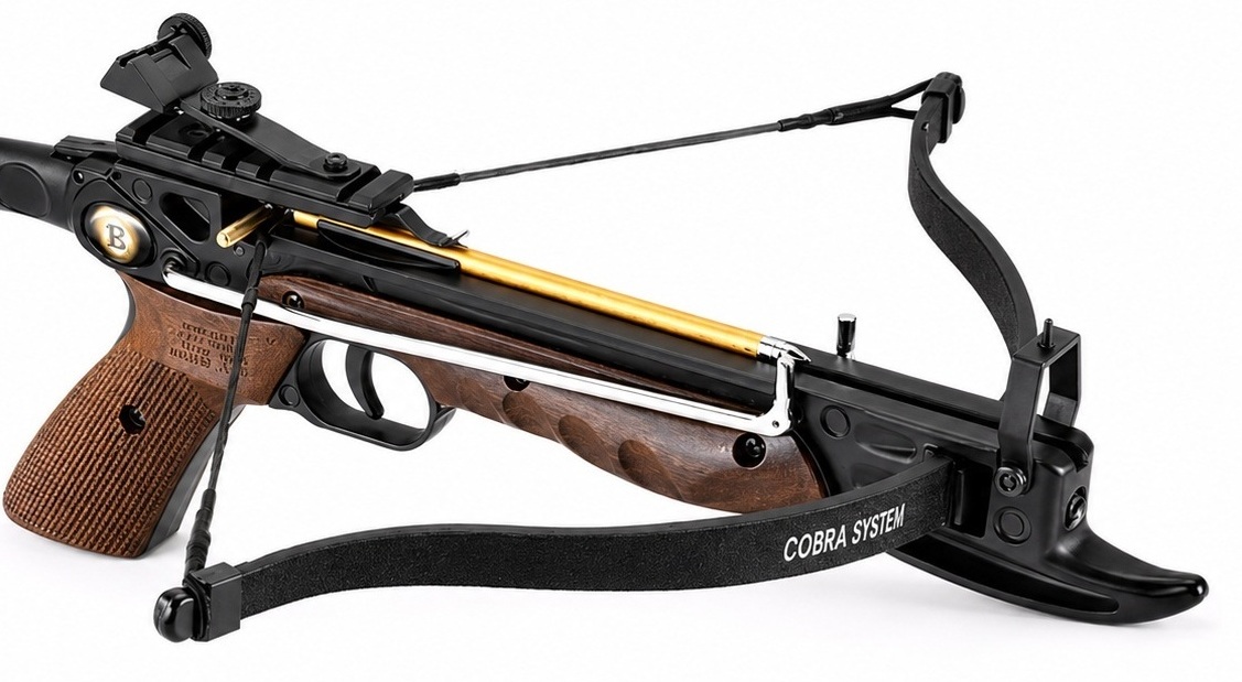 Détails de larbalète pistolet Cobra 80 lbs avec poignée en bois et viseur réglable