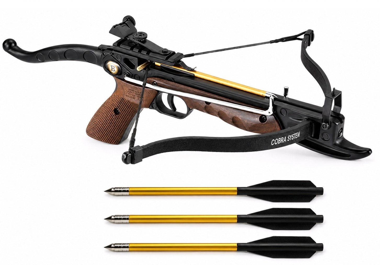 Arbalète pistolet Cobra 80 lbs poignée bois livrée avec 3 traits aluminium