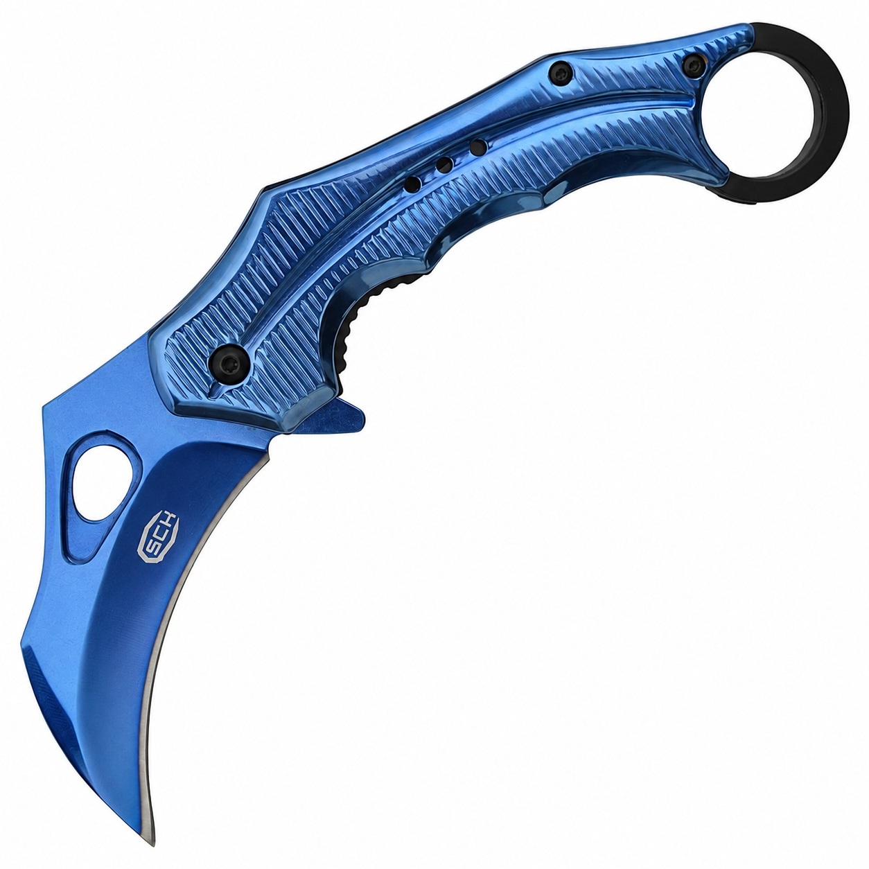 Couteau pliant karambit SCK bleu lame acier inoxydable ouverte vue de profil