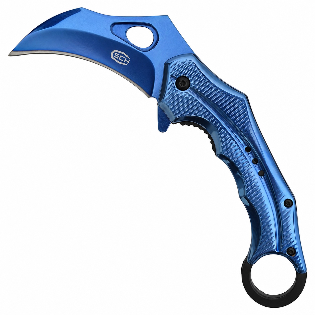 Karambit pliant SCK bleu manche métal antidérapant lame courbe en acier inoxydable