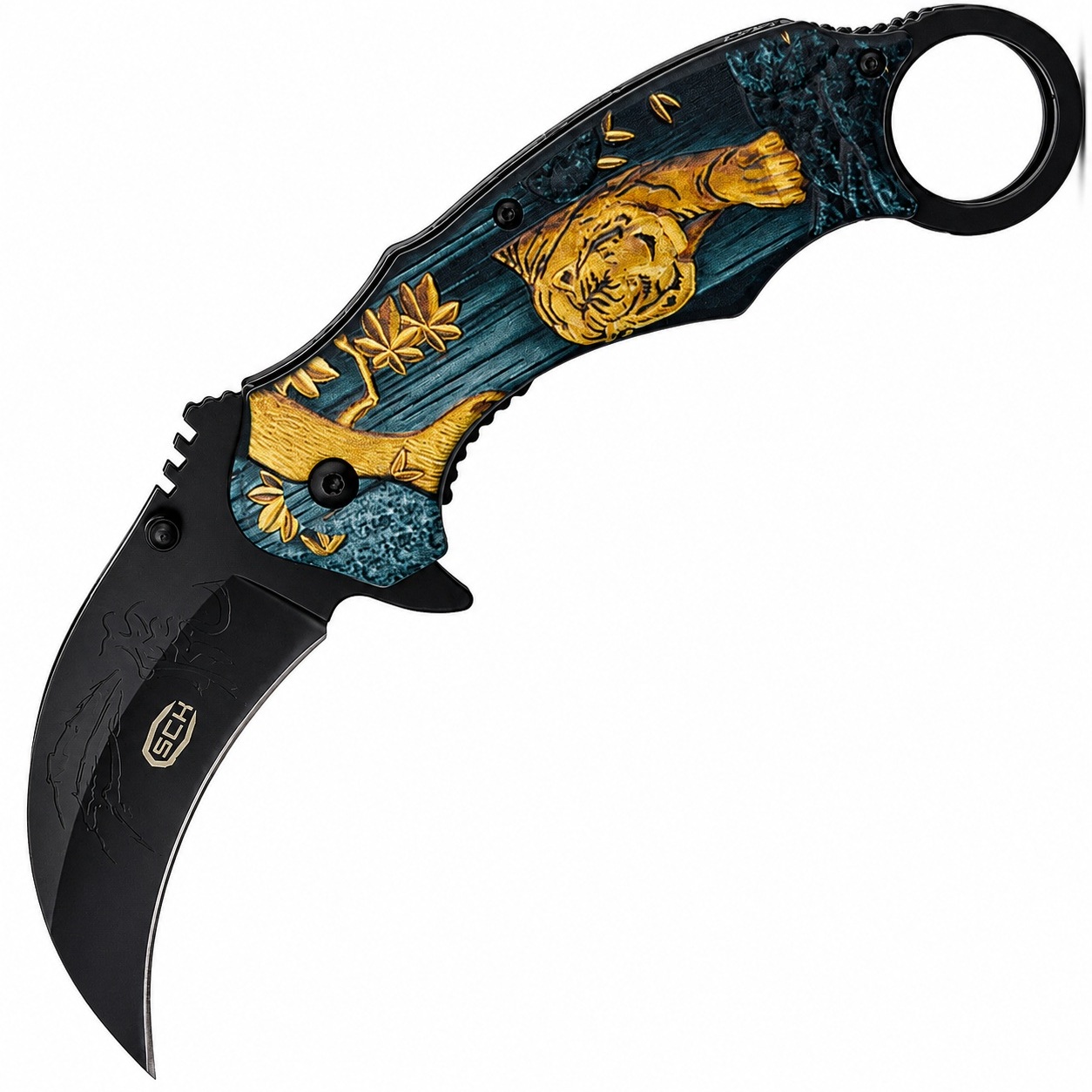 Couteau karambit pliant SCK design tigre lame noire acier inoxydable ouverte