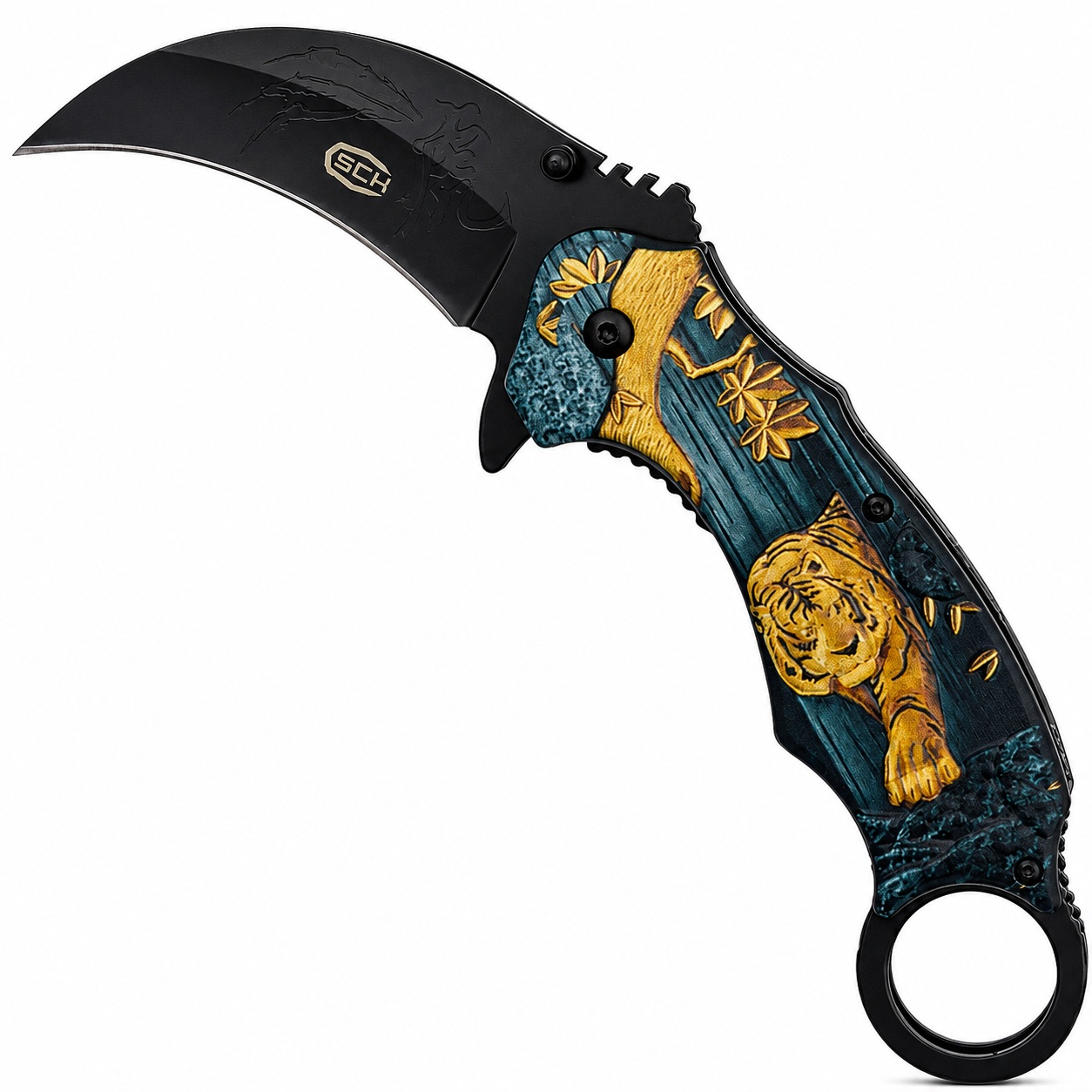 Karambit pliant SCK 19,5 cm motif tigre manche antidérapant acier inoxydable