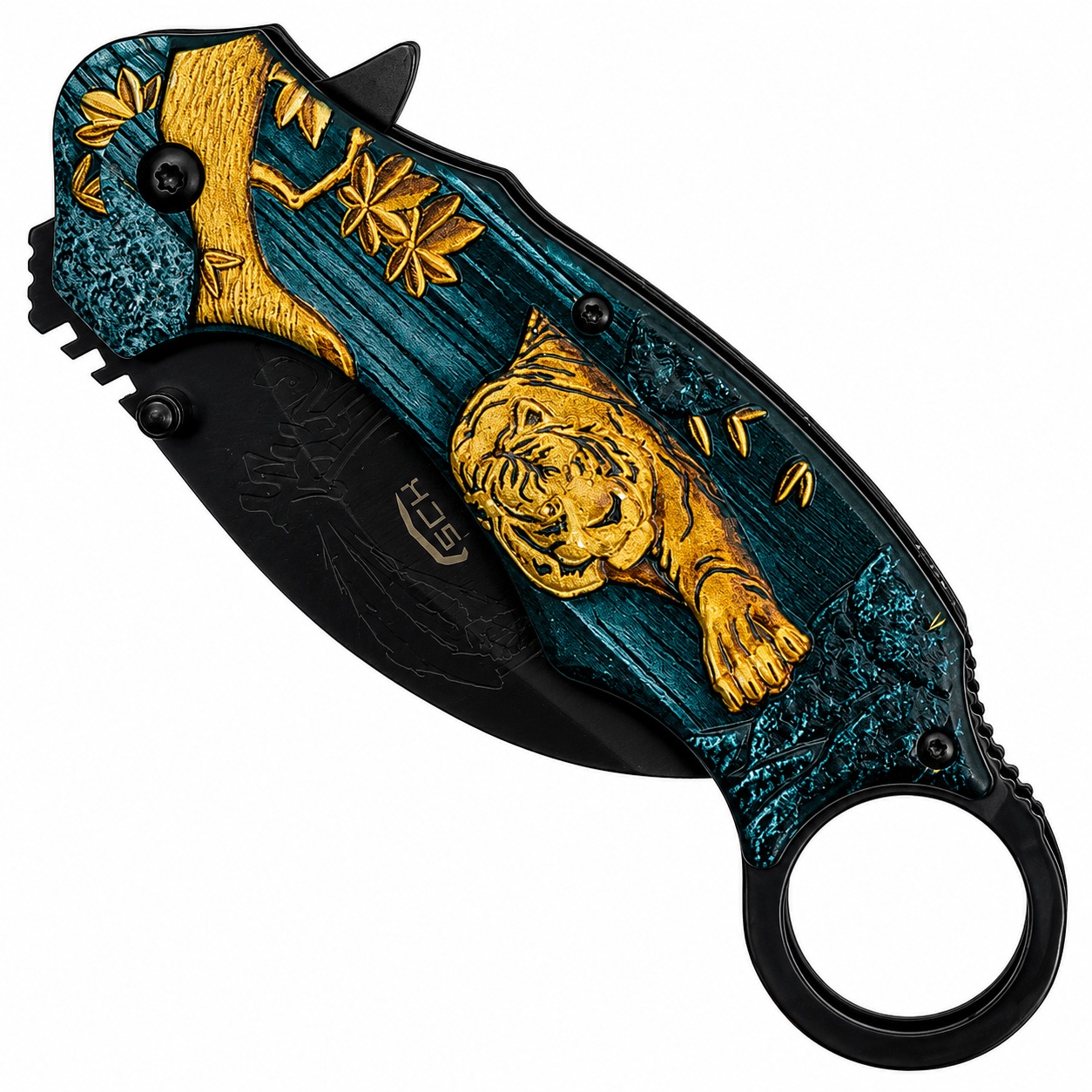 Karambit pliant SCK fermé design tigre couteau de poche acier inoxydable