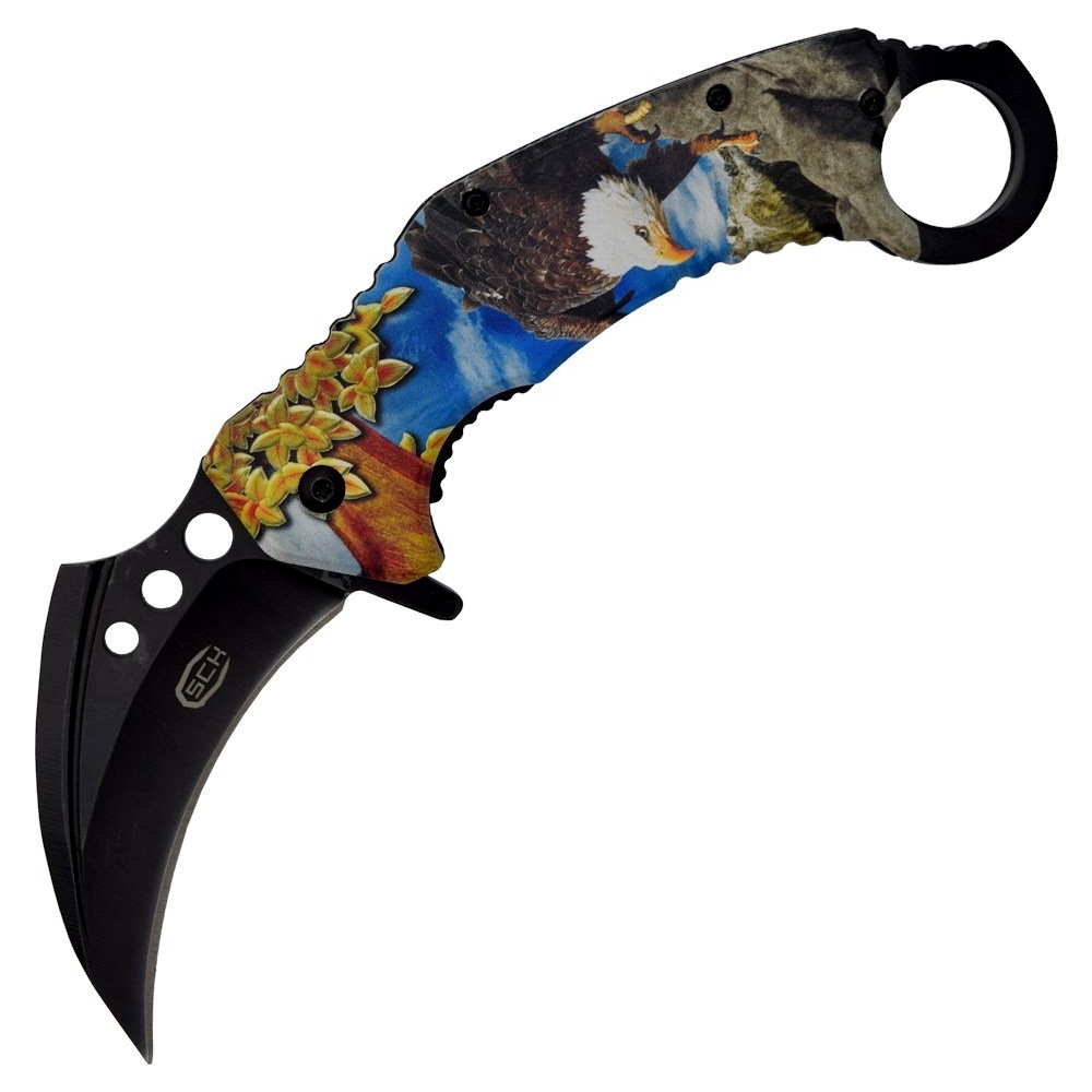 Couteau karambit pliant SCK design aigle royal lame noire acier inoxydable ouverte
