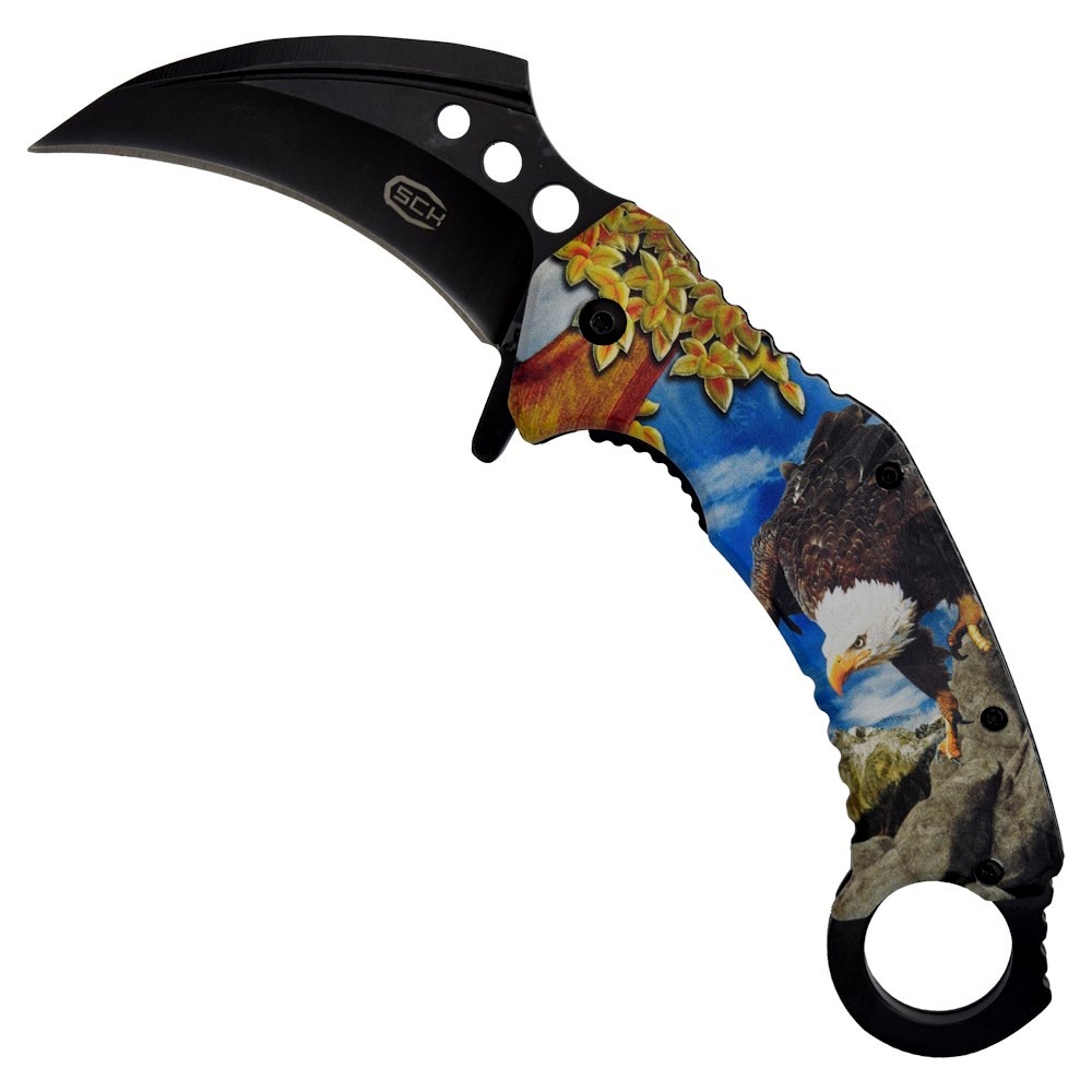 Karambit pliant SCK 19,5 cm motif aigle royal manche décoré acier inoxydable
