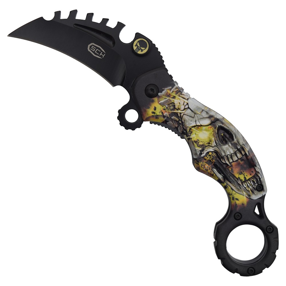 Karambit pliant SCK manche motif crâne acier inoxydable lame noire ouverte