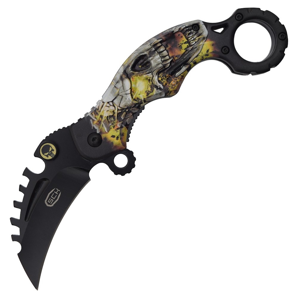 Couteau karambit pliant SCK design tête de mort lame noire ouverte