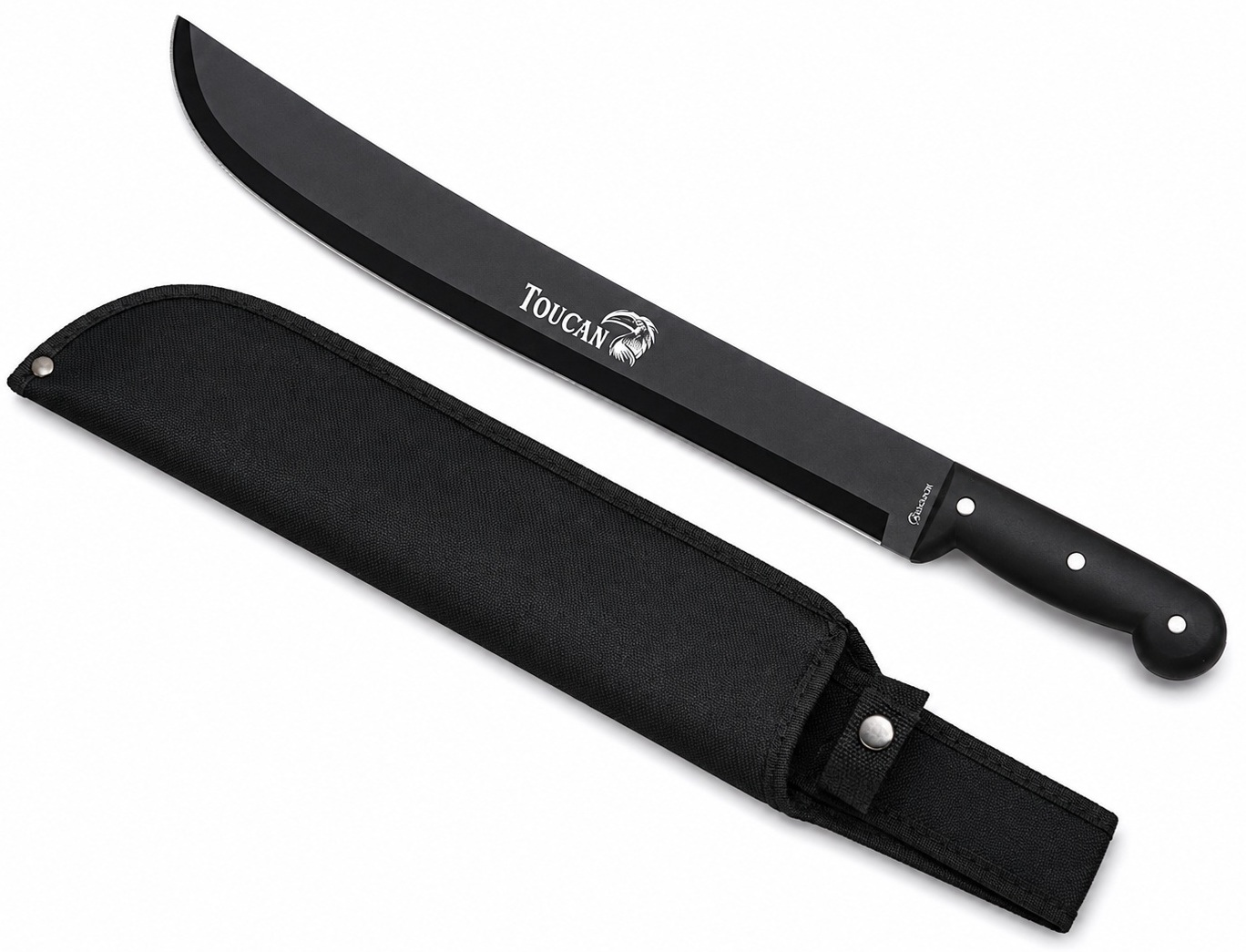 Machette Toucan noire avec fourreau, lame robuste pour débroussaillage, survie et activités outdoor.