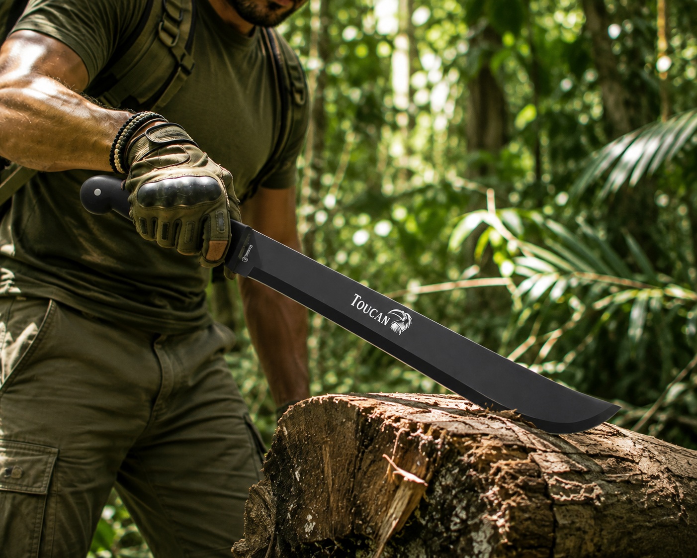 Machette Toucan noire enfoncée dans un tronc darbre en forêt, idéale pour le débroussaillage, la survie et les activités outdoor.