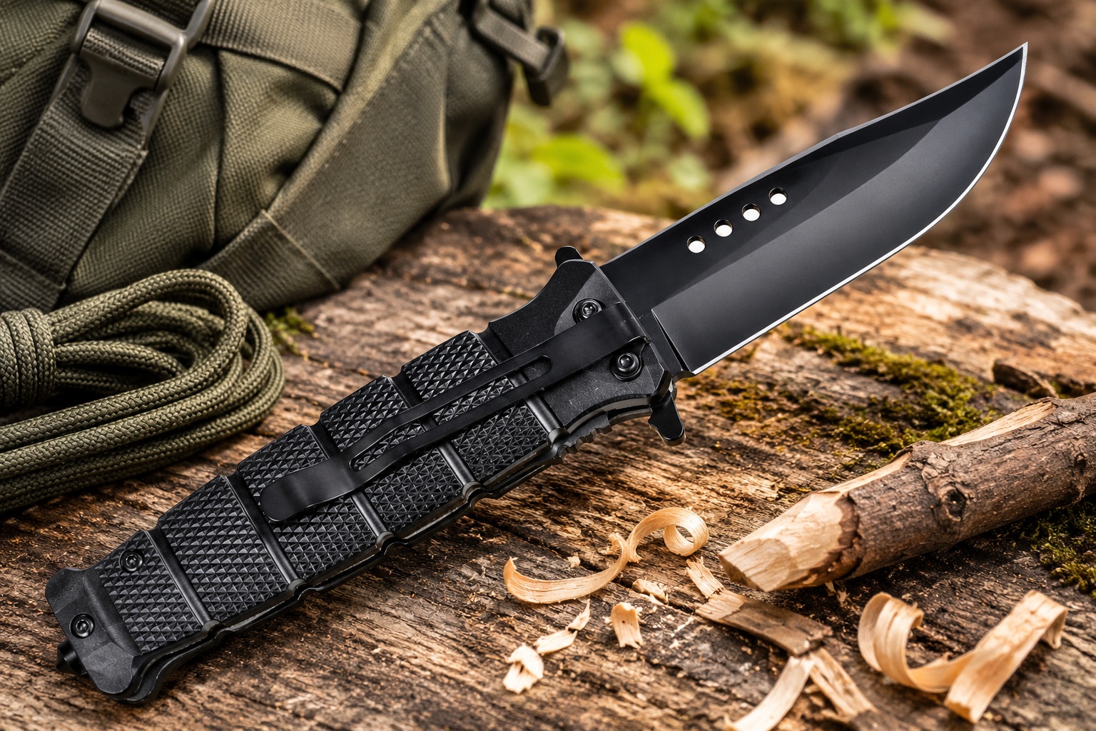 Couteau pliant de poche SCH noir posé sur un tronc darbre pour le camping et le bushcraft