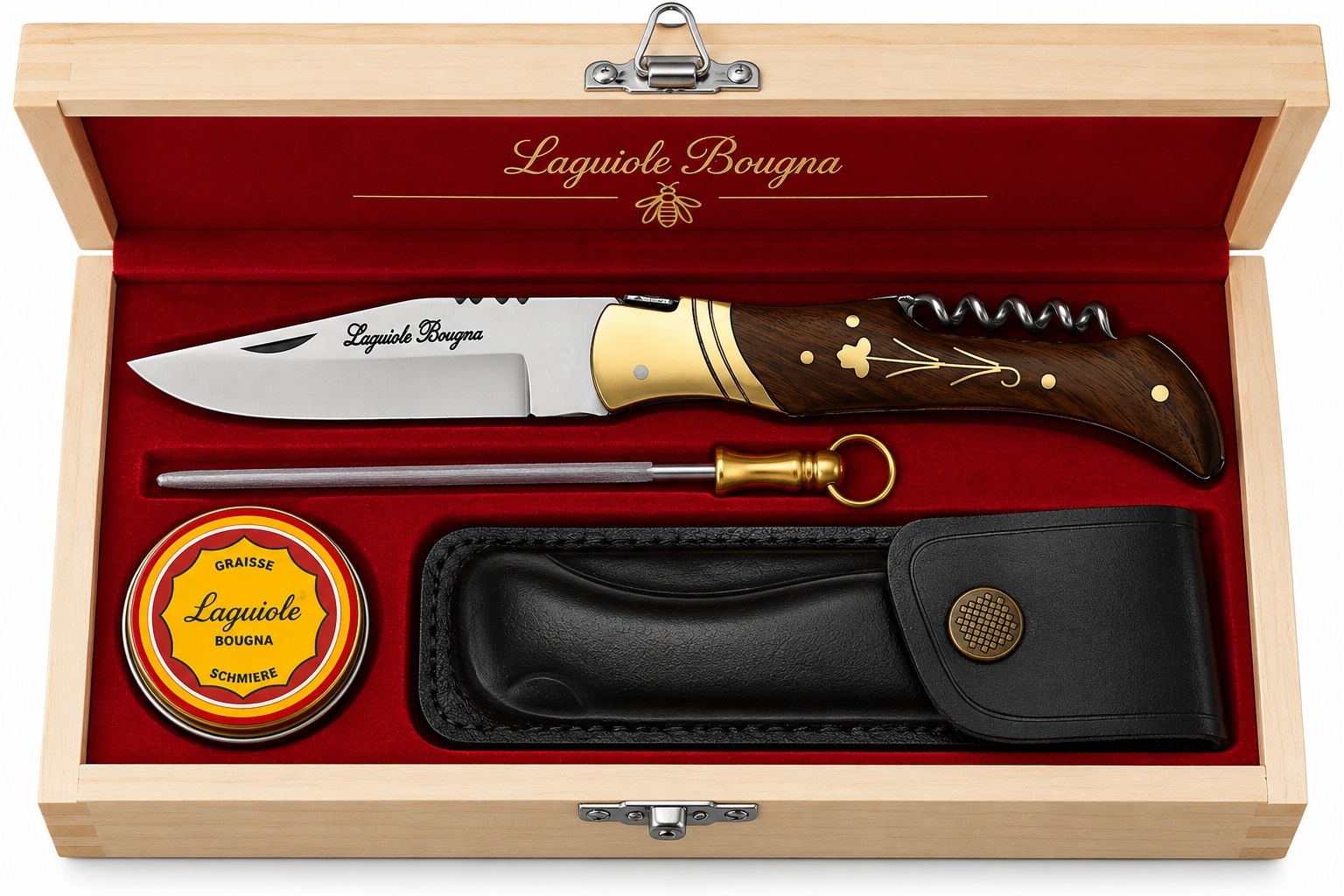 Coffret cadeau Laguiole Bougna avec couteau pliant manche bois, tire bouchon intégré, fusil affûtage, étui cuir et graisse entretien.
