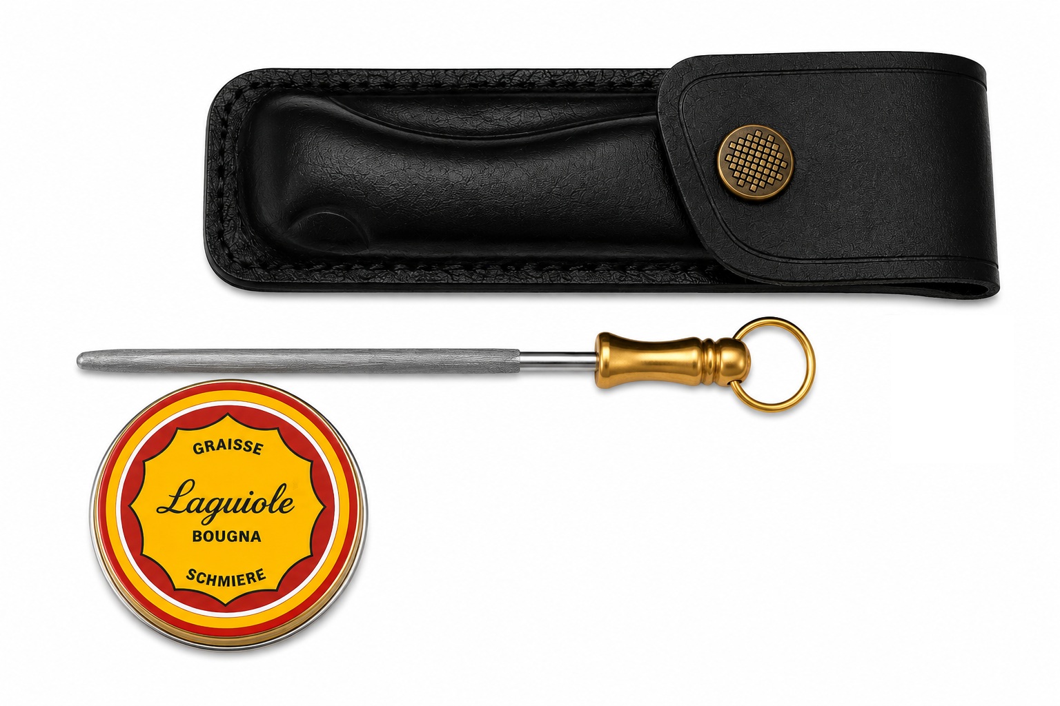 Kit dentretien Laguiole Bougna avec étui cuir, fusil daffûtage et graisse - Copie