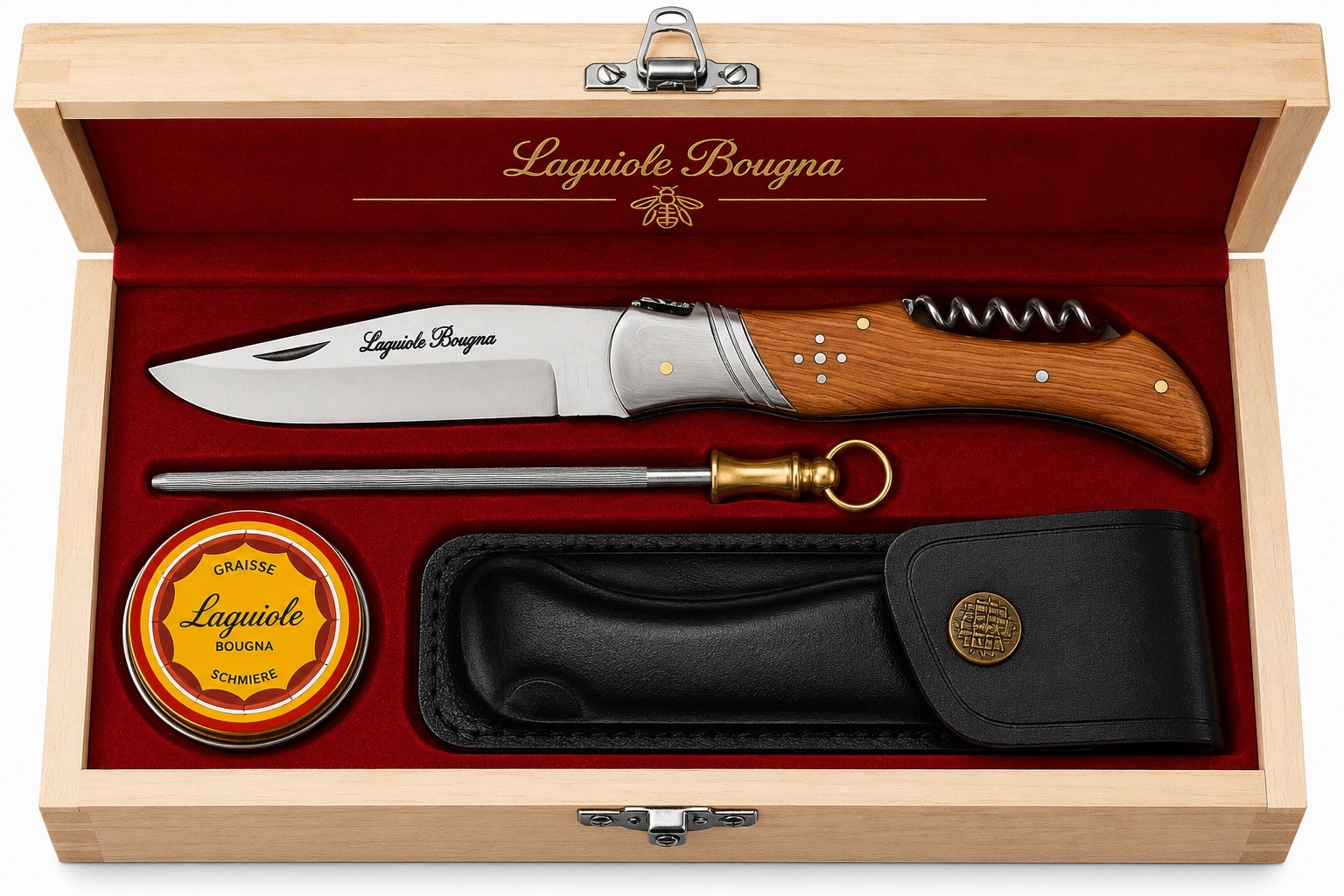 Coffret Laguiole Bougna haut de gamme avec couteau pliant manche bois clair, tire bouchon sommelier, fusil affûtage, étui noir et graisse entretien.