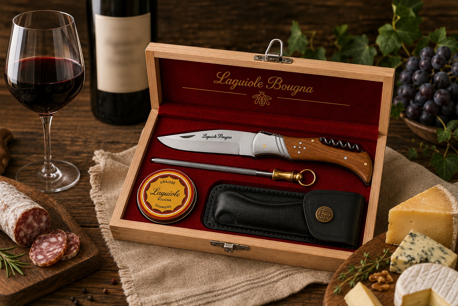 Coffret sommelier Laguiole Bougna avec tire-bouchon, étui cuir et fusil daffûtage