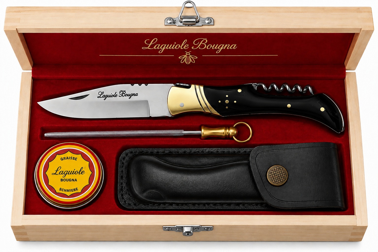 Coffret premium Laguiole Bougna manche en corne noire avec tire-bouchon intégré et accessoires dentretien