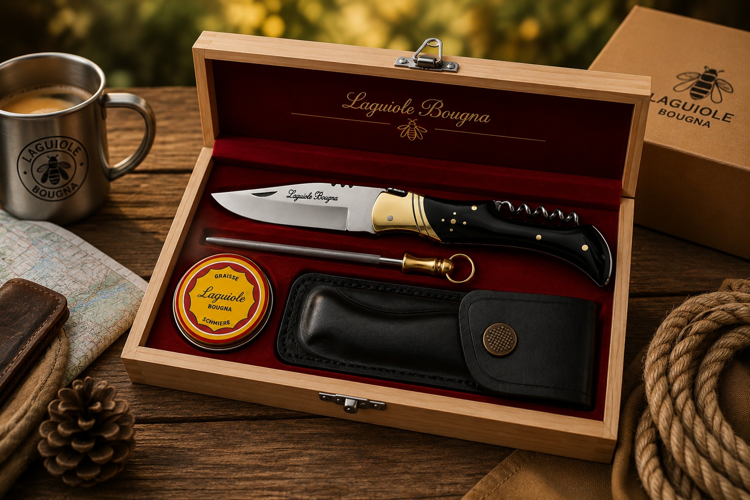 Coffret cadeau Laguiole Bougna manche en corne noire présenté en décor randonnée et nature