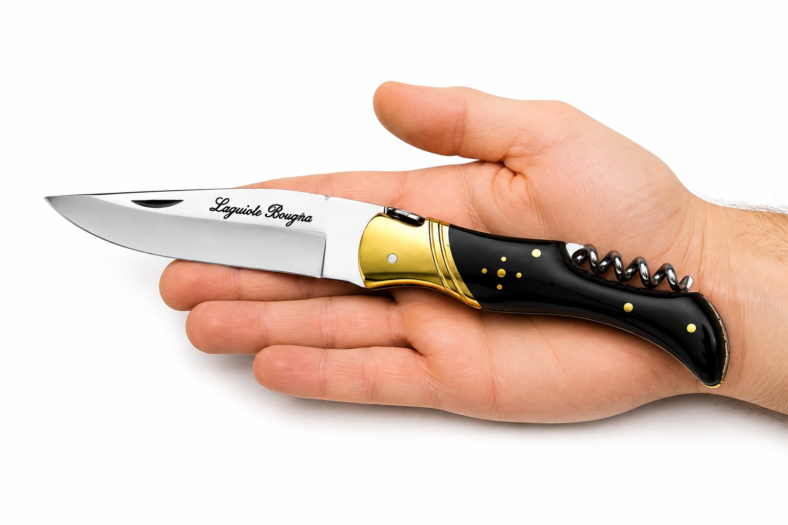 Couteau Laguiole Bougna manche en corne noire avec mitres dorées et tire-bouchon intégré