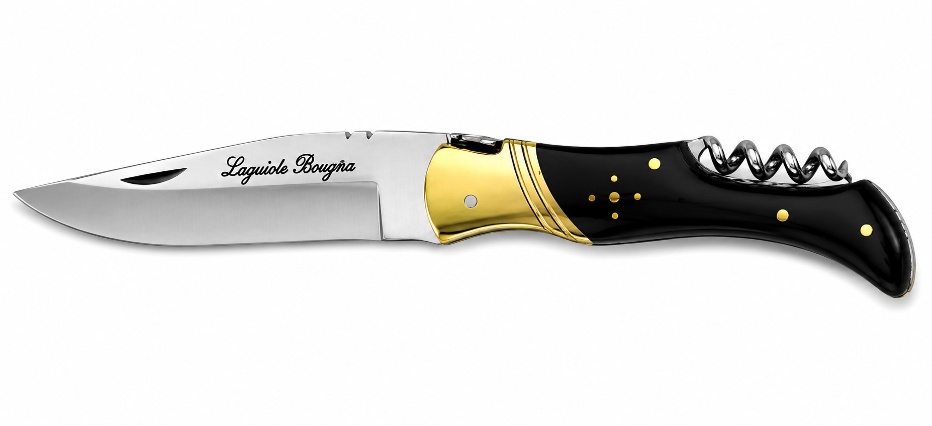 Couteau Laguiole Bougna manche en corne noire avec tire-bouchon intégré