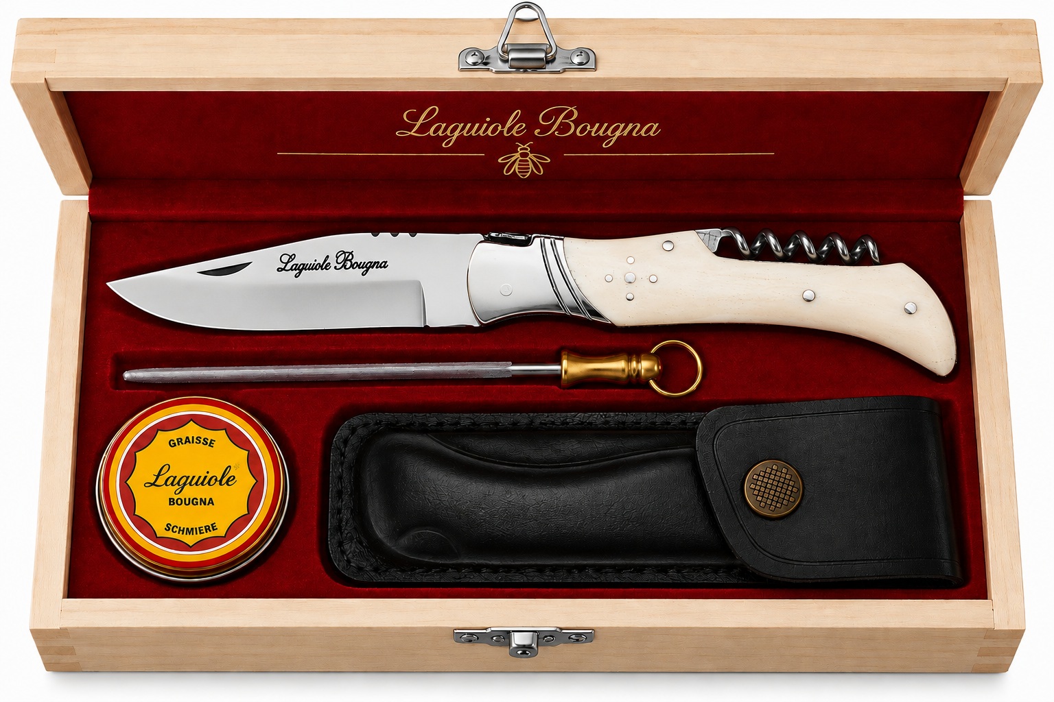 Coffret cadeau couteau Laguiole Bougna manche en os avec étui cuir, fusil daffûtage et graisse dentretien