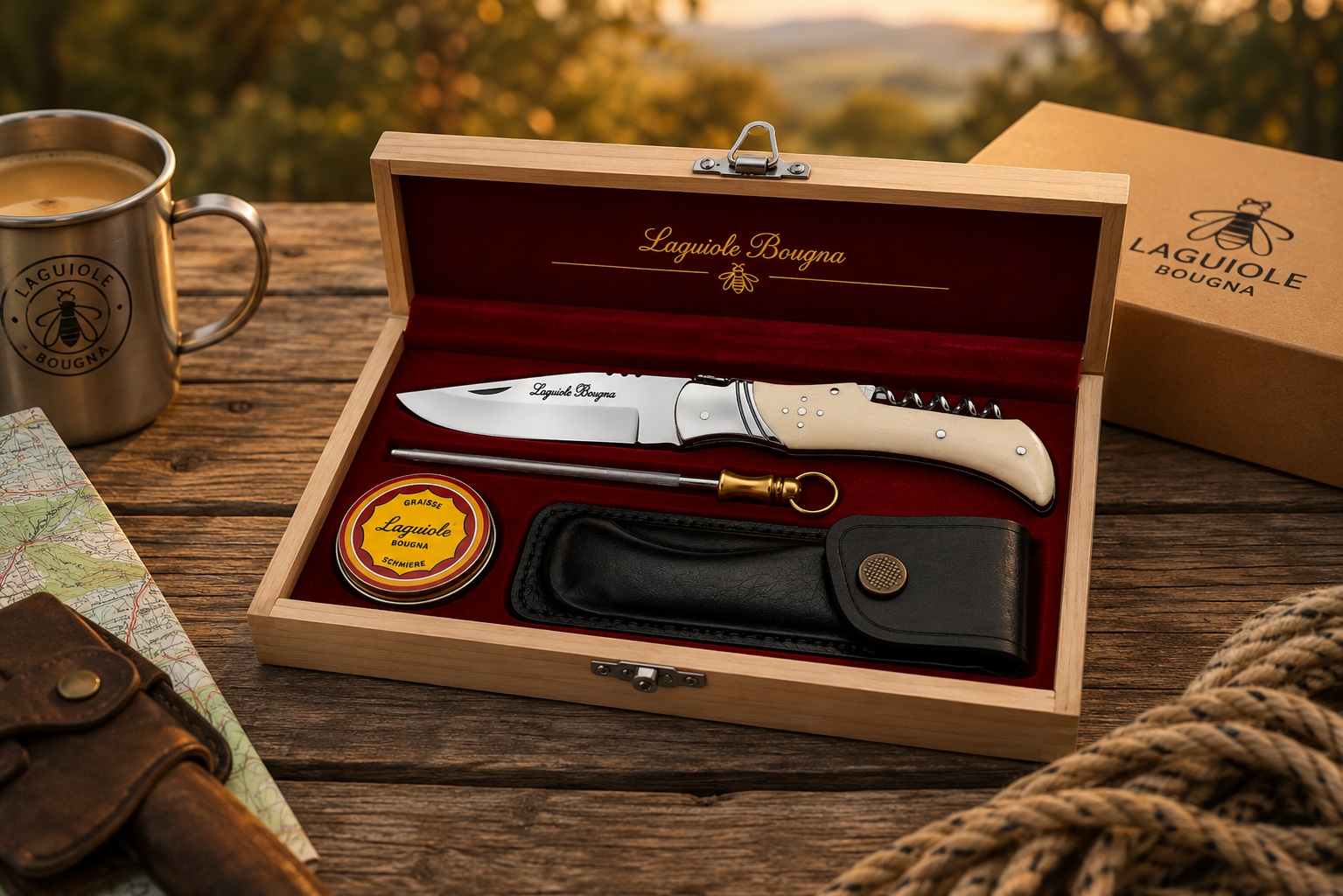 Coffret Laguiole Bougna manche en os présenté en ambiance outdoor sur table en bois