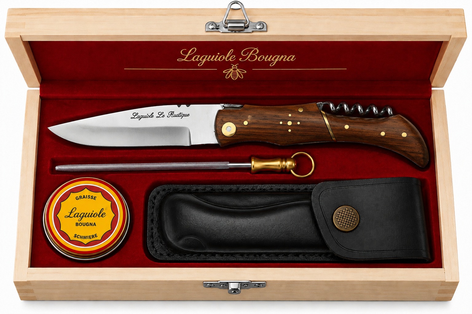 Coffret couteau Laguiole Le Rustique manche bois avec étui cuir et fusil d'affûtage