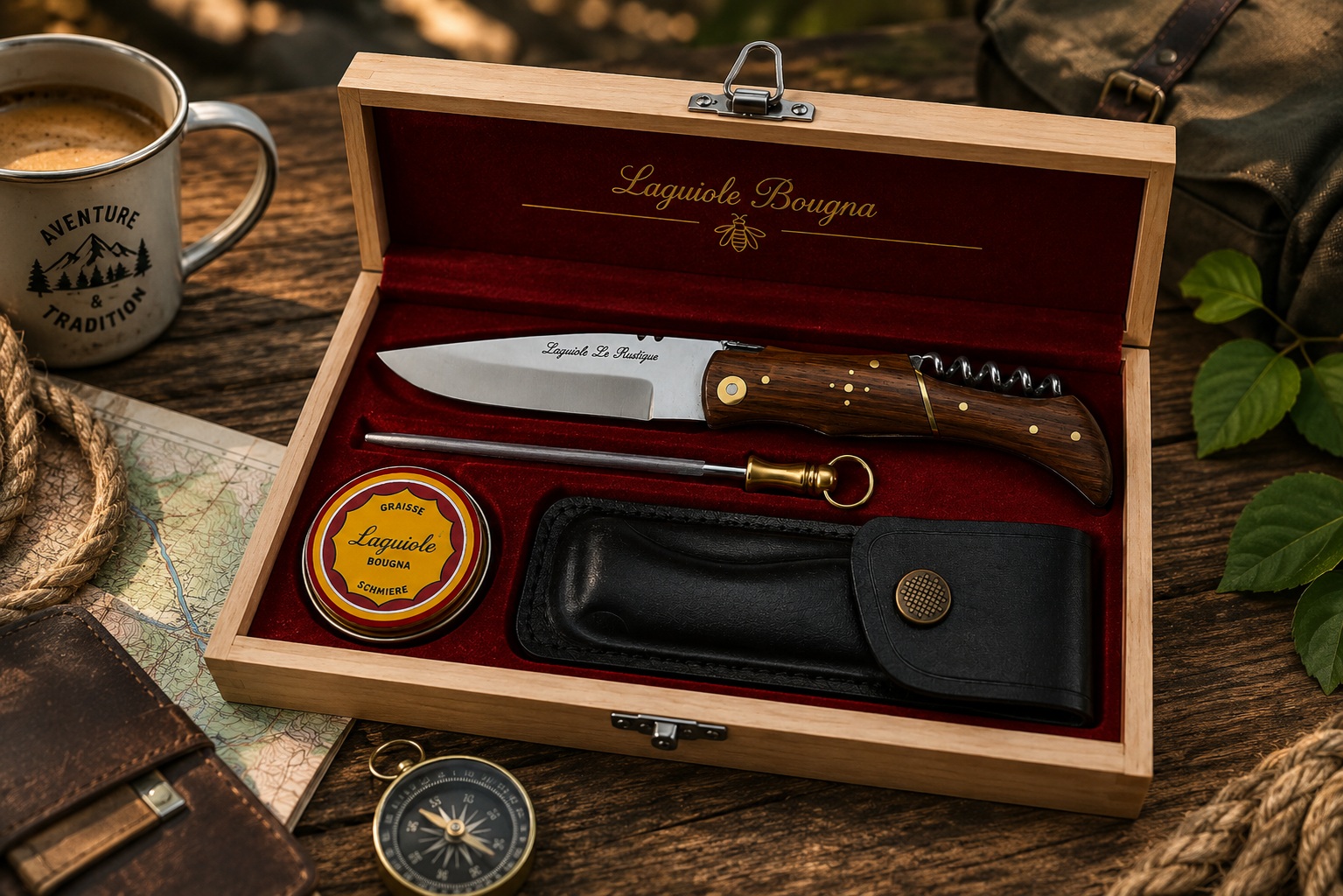 Coffret Laguiole Le Rustique manche bois avec accessoires présenté en ambiance aventure et randonnée