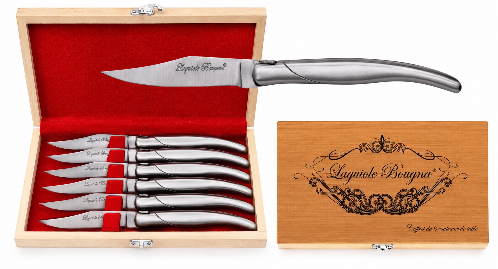 Coffret Laguiole 6 couteaux de table inox prestige avec coffret en bois de luxe et lames en acier inoxydable 11,5 cm.