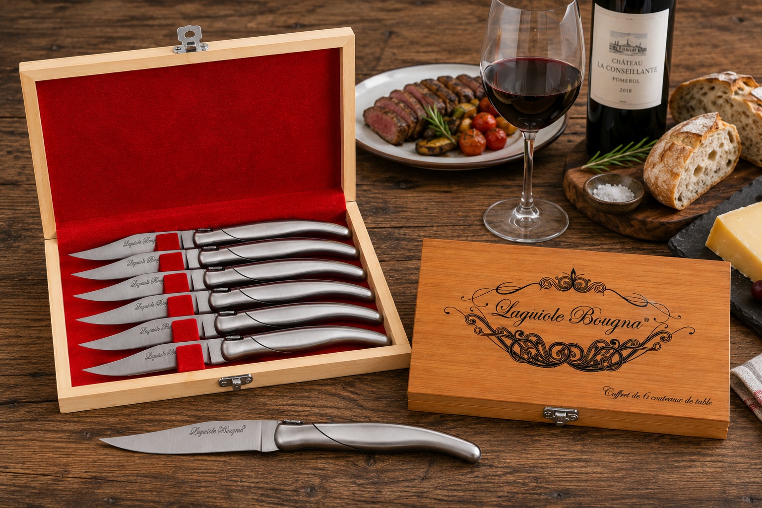 Coffret Laguiole 6 couteaux de table inox prestige avec coffret en bois, lames en acier inoxydable et présentation gastronomique haut de gamme.