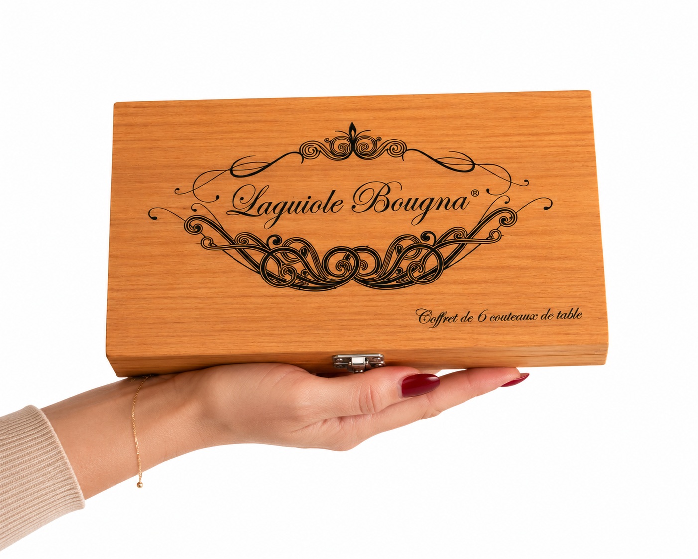 Coffret en bois Laguiole Bougna pour 6 couteaux de table corne et os de prestige finition élégante.