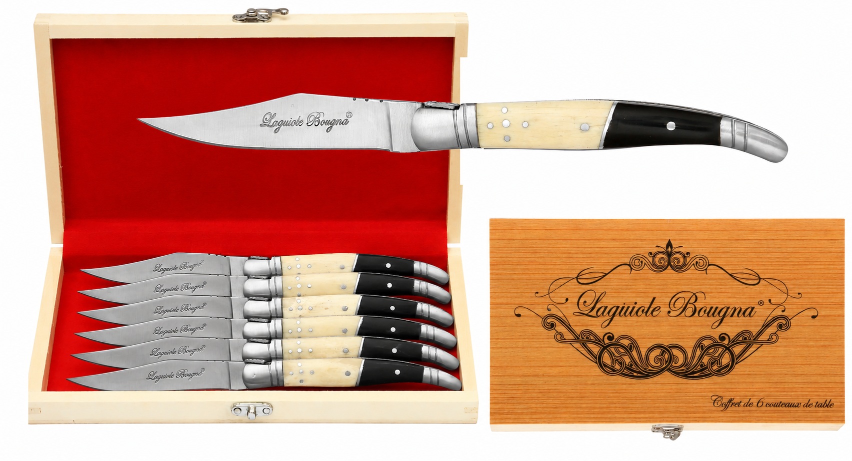 Coffret Laguiole Bougna 6 couteaux de table inox avec coffret en bois, lames en acier inoxydable et manches noir et ivoire.