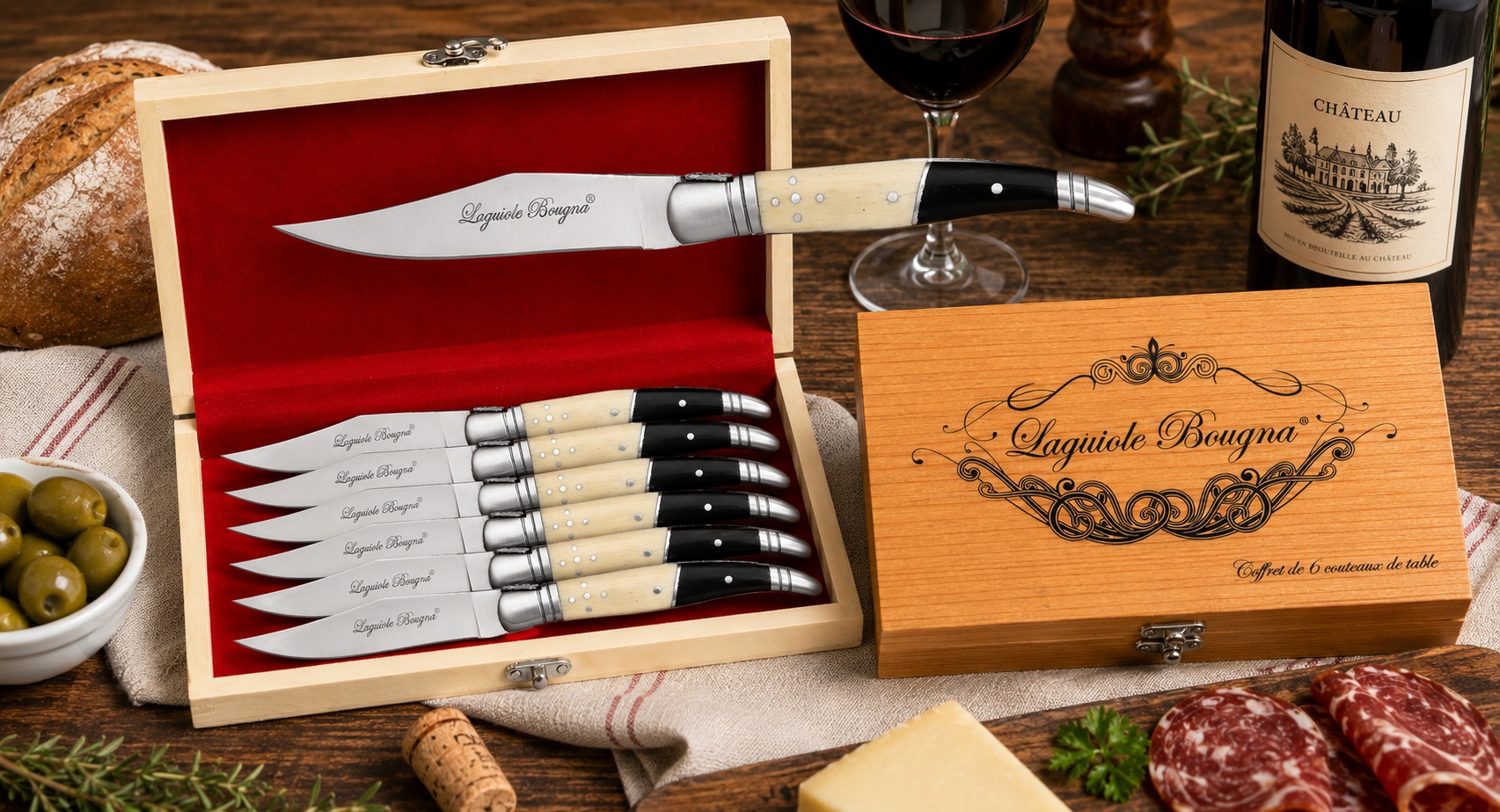 Coffret Laguiole Bougna 6 couteaux de table inox dans une ambiance de repas raffiné avec pain artisanal, olives et verre de vin.
