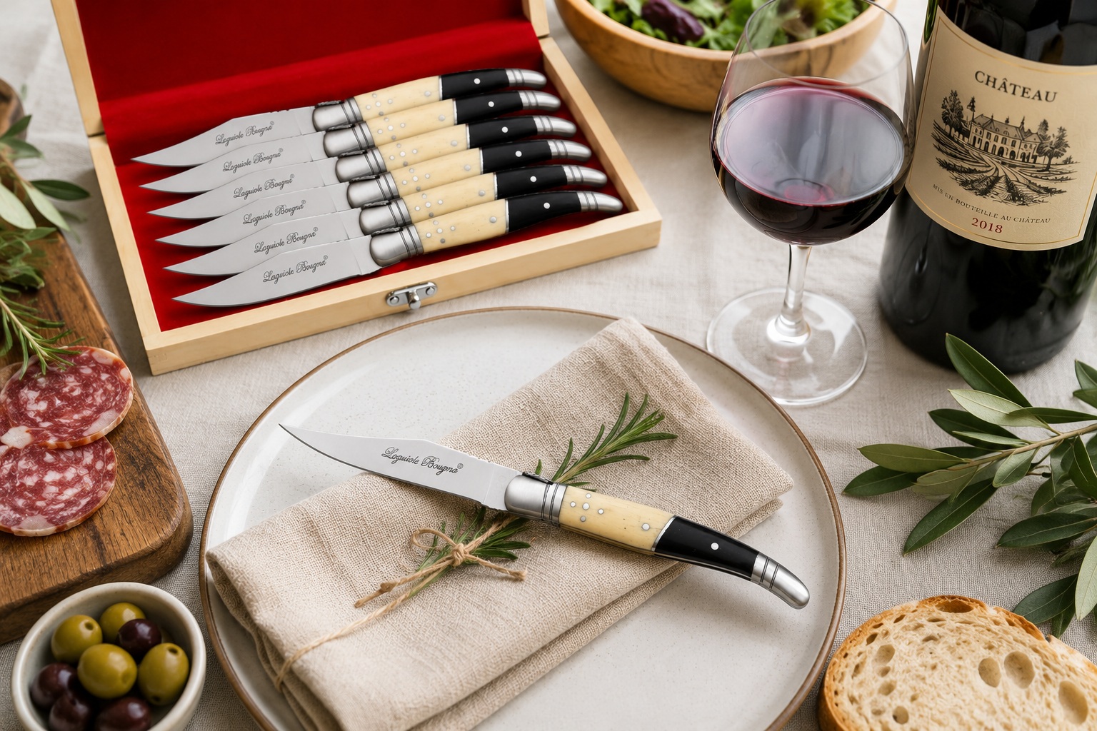 Couteau de table Laguiole Bougna avec manche noir et ivoire présenté sur une assiette élégante lors dun repas gastronomique.