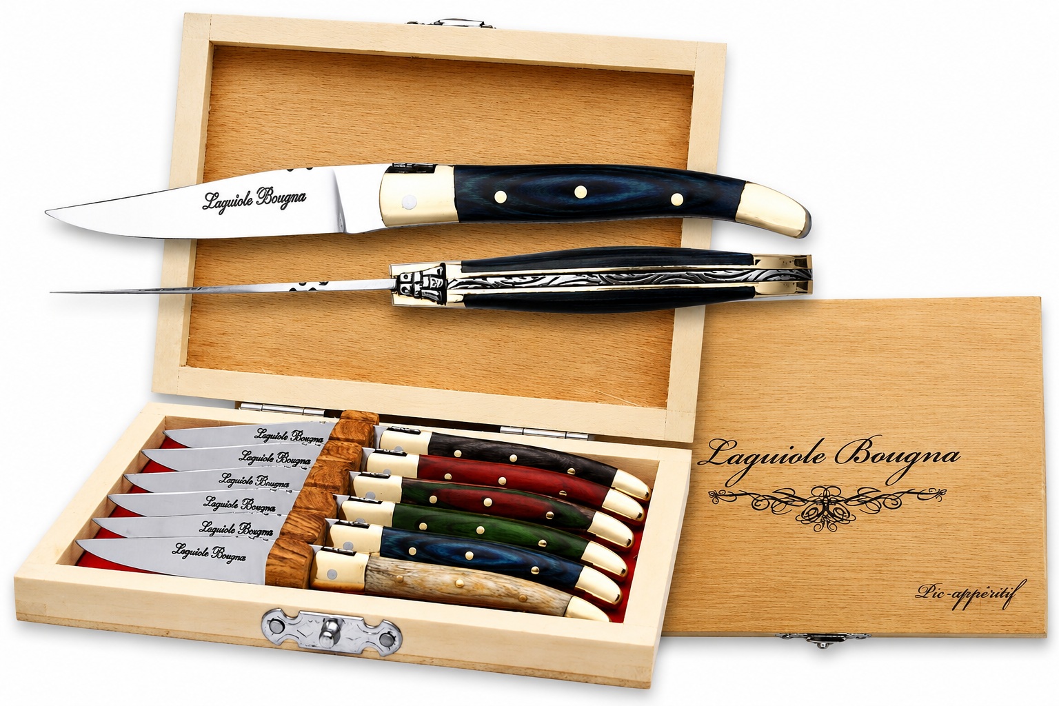 Coffret Laguiole Bougna 6 couteaux apéritif prestige avec manches en laiton et bois coloré, présenté dans un coffret en bois de luxe.