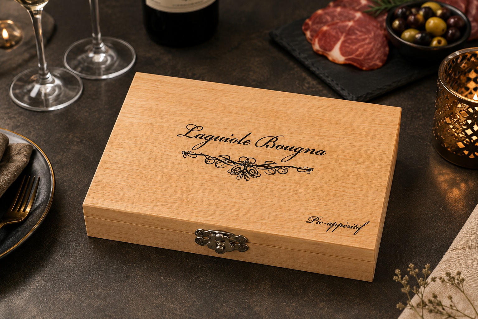 Coffret Laguiole Bougna fermé contenant 6 couteaux apéritif prestige en laiton et bois coloré présenté sur une table de réception élégante.