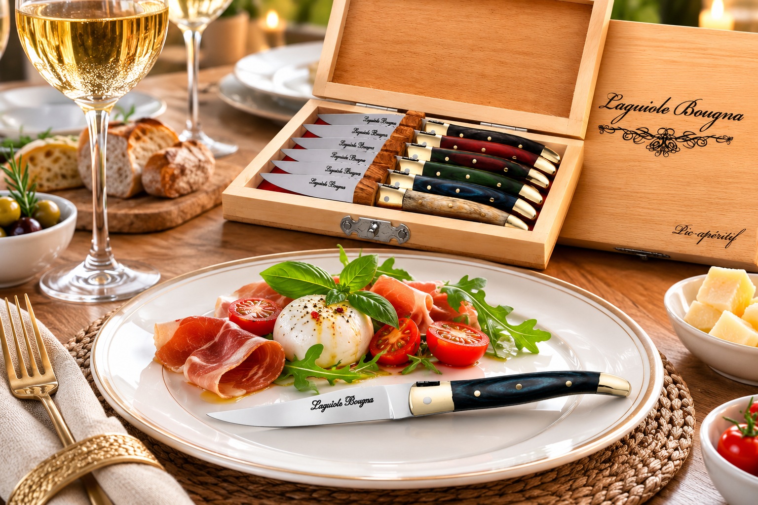 Couteau apéritif Laguiole Bougna en laiton et bois coloré présenté sur une assiette élégante lors dun repas gastronomique.