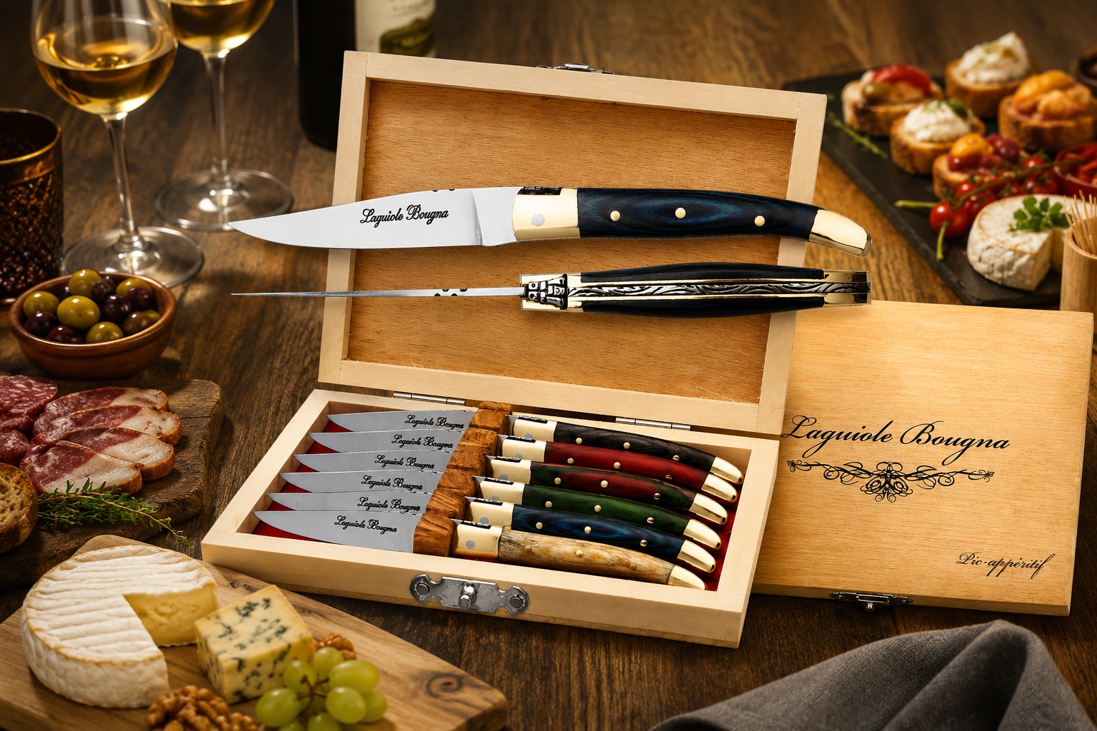 Coffret Laguiole Bougna 6 couteaux apéritif prestige avec fromages, charcuteries, olives et verres de vin lors dun apéritif raffiné.
