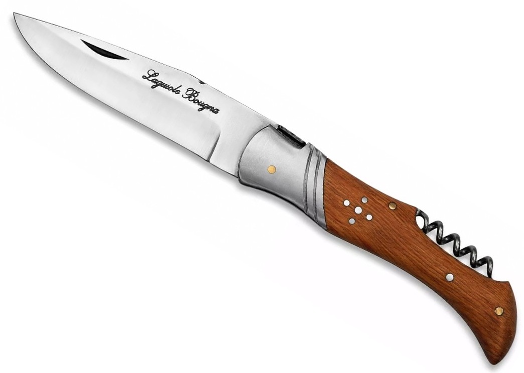 Couteau Laguiole pliant avec tire-bouchon intégré, lame inox et manche ergonomique en bois de teck