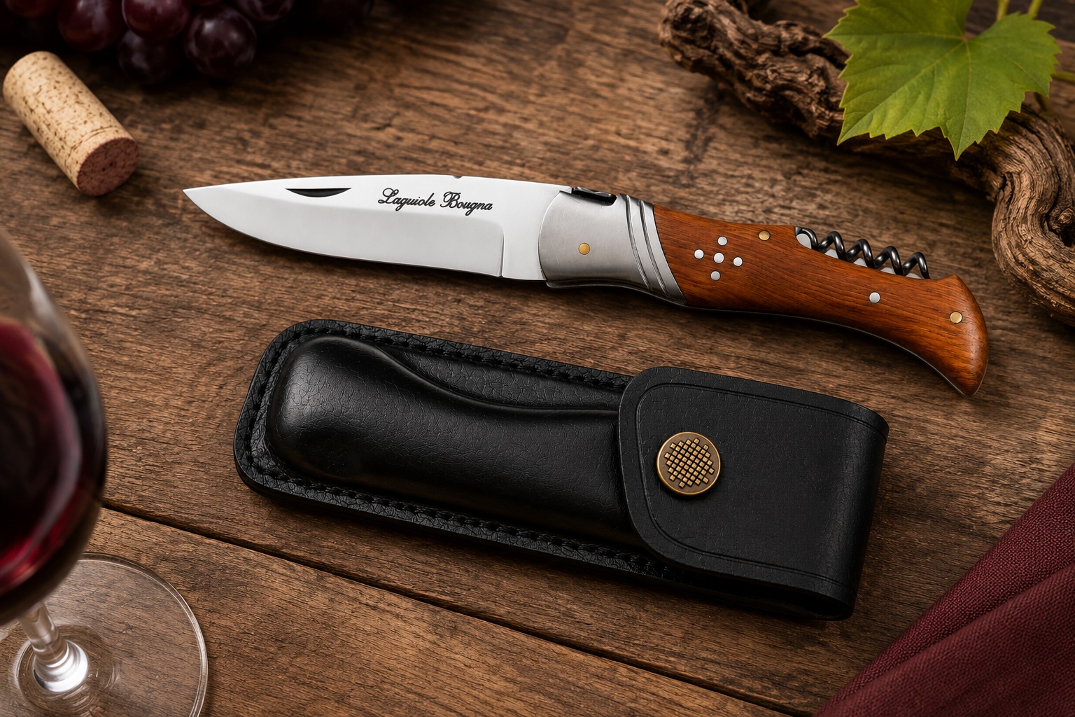Couteau Laguiole pliant manche bois de teck avec étui noir présenté sur une table de dégustation de vin