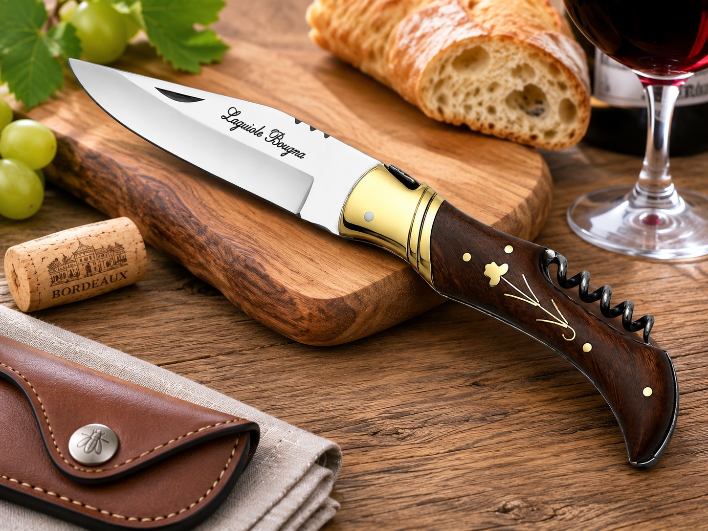 Couteau Laguiole Bougna avec tire-bouchon sur table de dégustation