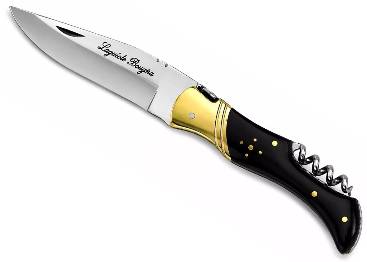couteau laguiole pliant corne noire lame inox 10 cm tire-bouchon et finitions laiton
