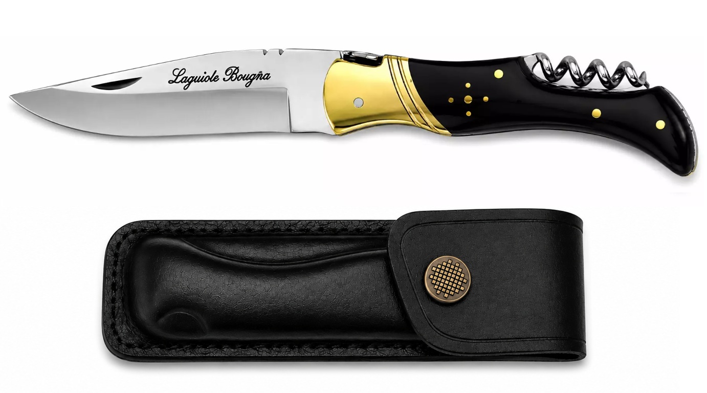couteau laguiole pliant manche corne noire avec étui en cuir et lame en acier inoxydable