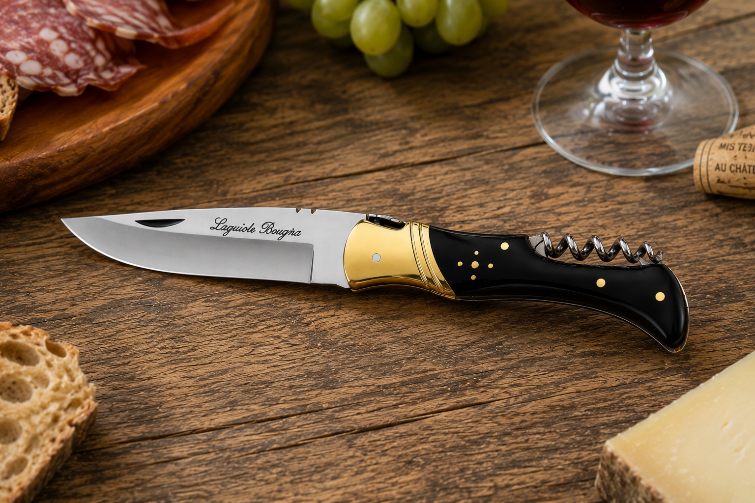 couteau laguiole corne noire de prestige posé sur table de dégustation avec vin fromage et charcuterie