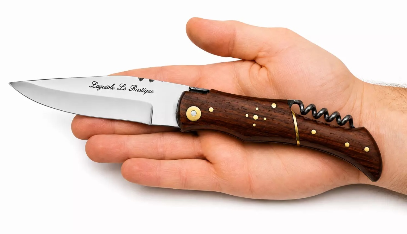 Couteau Laguiole pliant de 21,5 cm manche bois dacacia présenté dans une main