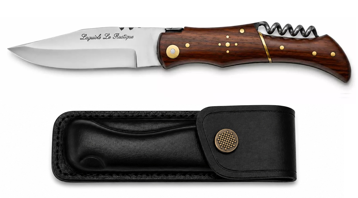 Couteau Laguiole pliant manche bois dacacia avec tire-bouchon et étui en cuir noir